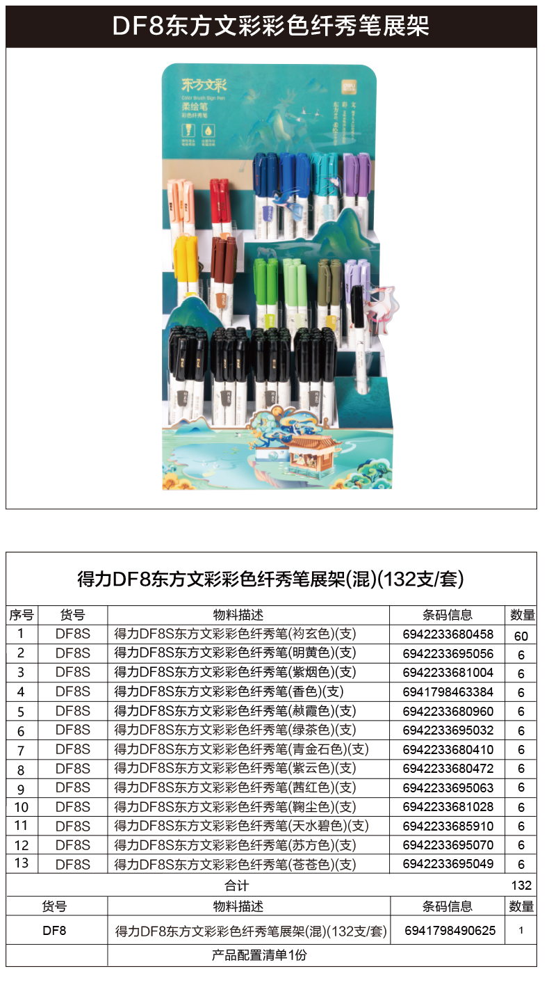 得力DF8東方文彩彩色纖秀筆展架(混)(132支/套)