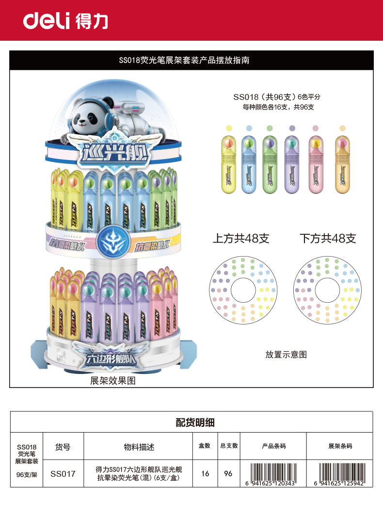 得力SS018六邊形艦隊巡光艦抗暈染熒光筆展架套裝(混)(96支/架)