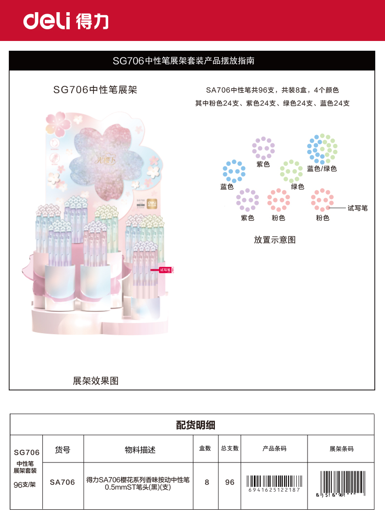 得力SG706櫻花系列香味按動中性筆展架套裝(黑)(96/架)